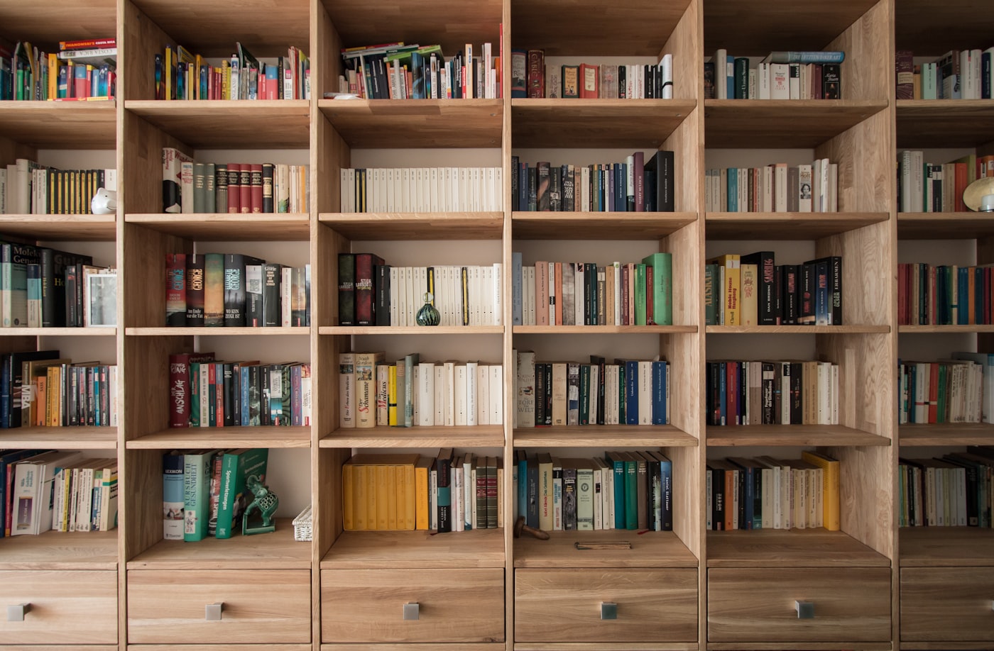 Books arranged neatly on wooden shelves.