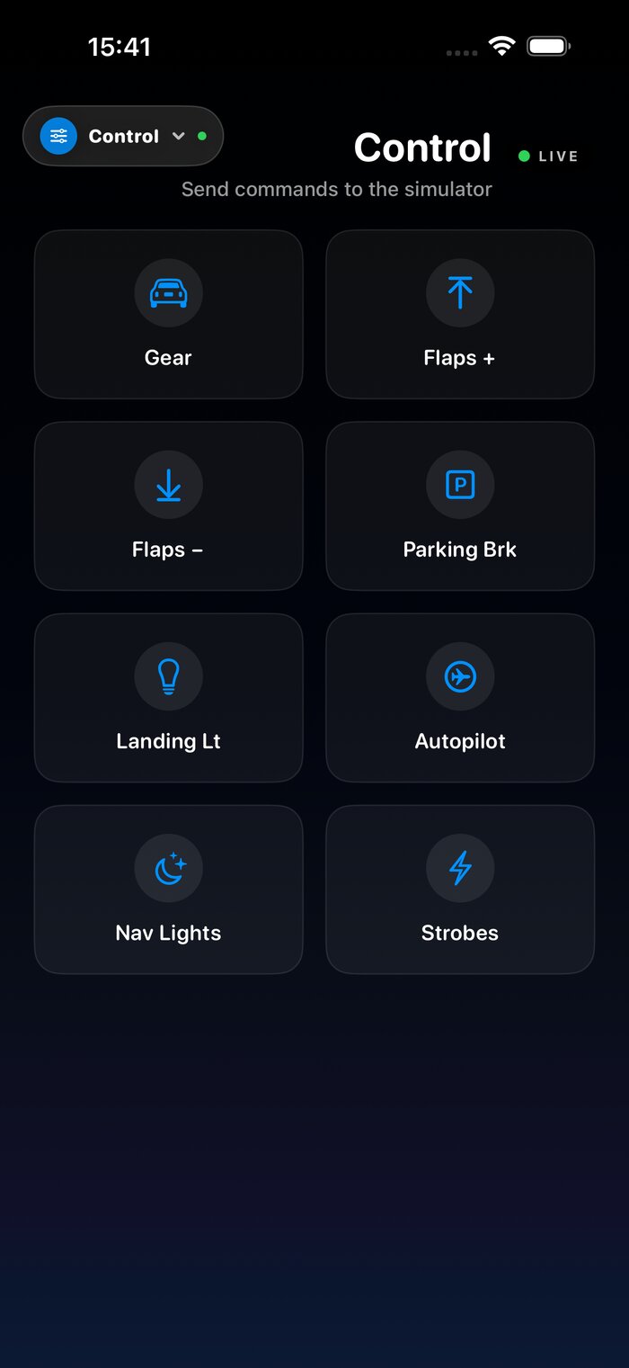 Control panel with gear, flaps, parking brake, autopilot, landing lights, nav lights and strobes