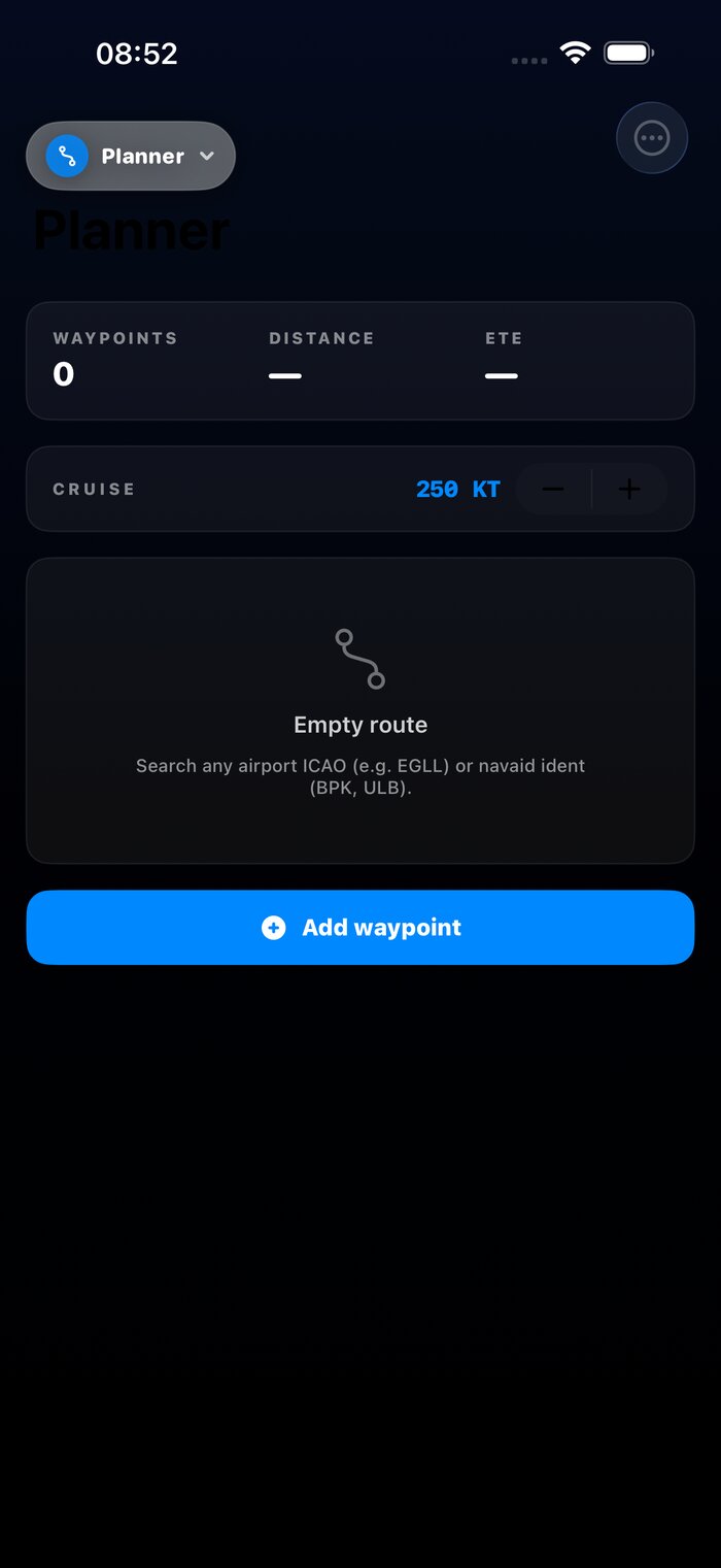 Route planner with departure, arrival and auto-filled great-circle waypoints